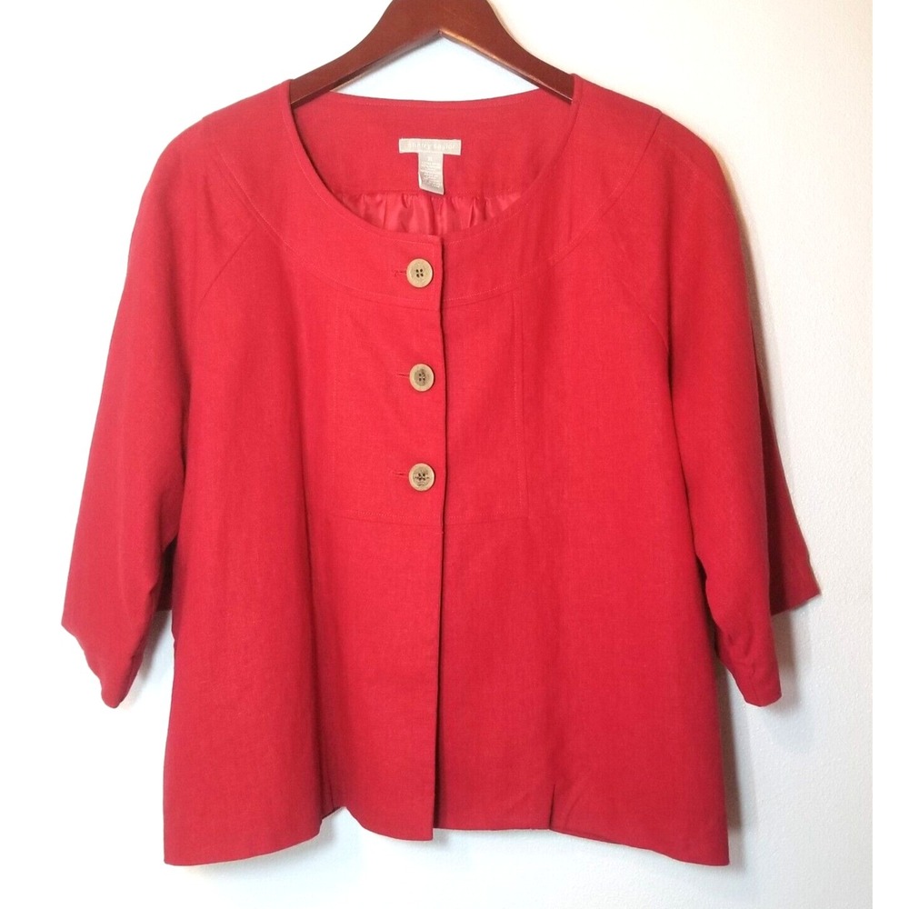 Sherry Taylor Red‎ Linen 3 Button Front Women's Kimono Style Sleeves Jacket XL